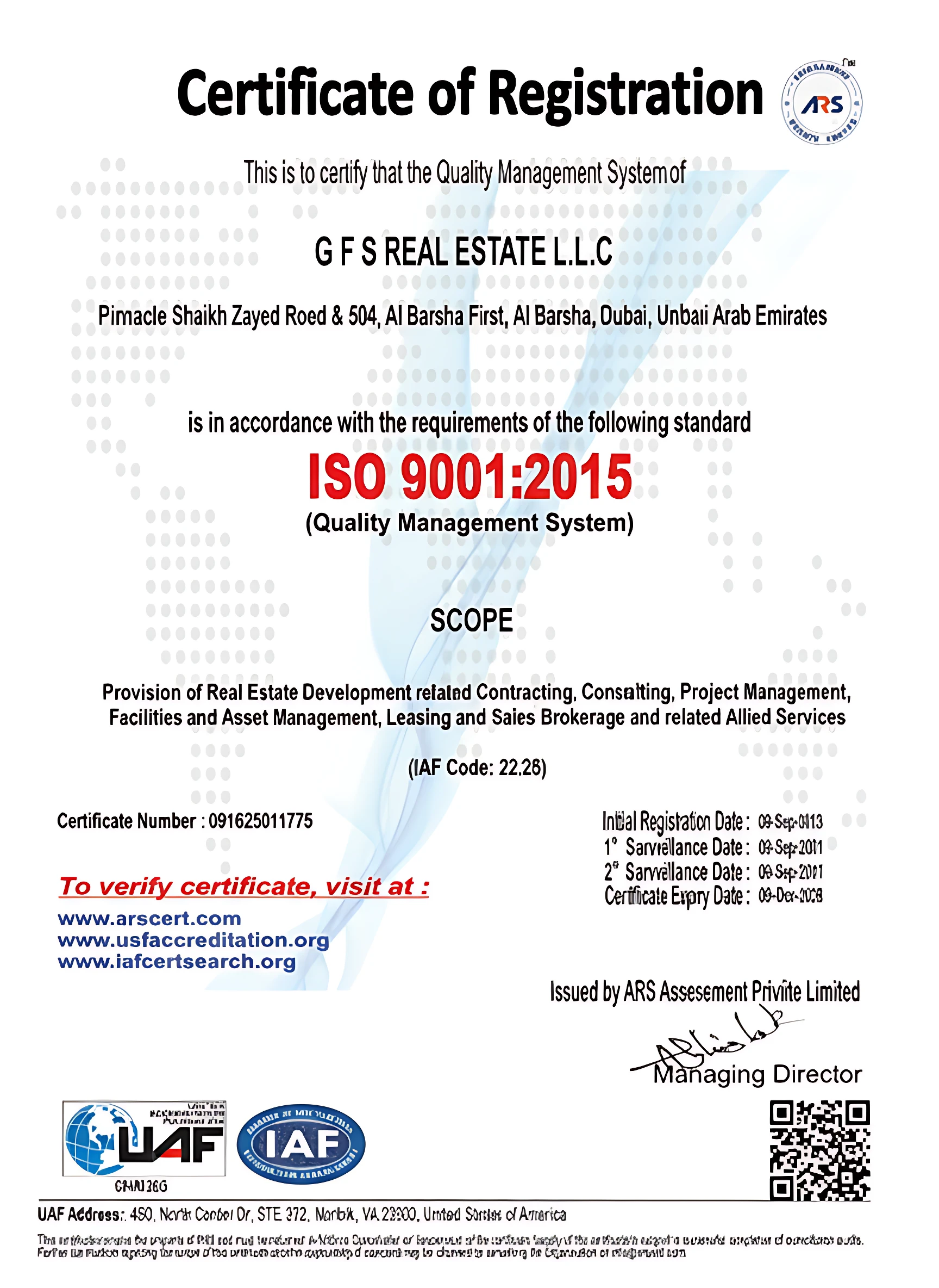 GFS Real Estate L.L.C ISO 9001:2015 Quality Management System Certificate recognizing commitment to high construction and real estate standards in Dubai, UAE.