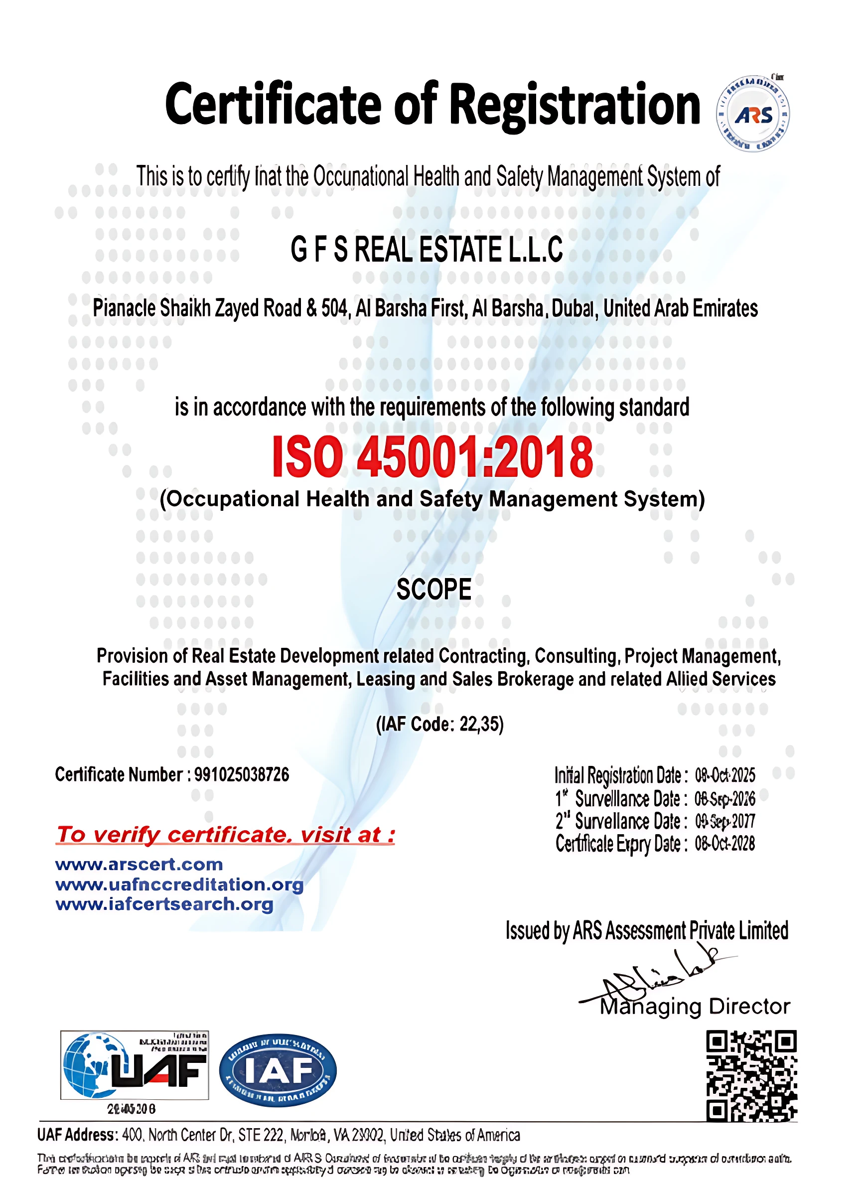 GFS Real Estate L.L.C ISO 45001:2018 Occupational Health and Safety Certificate demonstrating dedication to safe and sustainable real estate practices in Dubai, UAE.